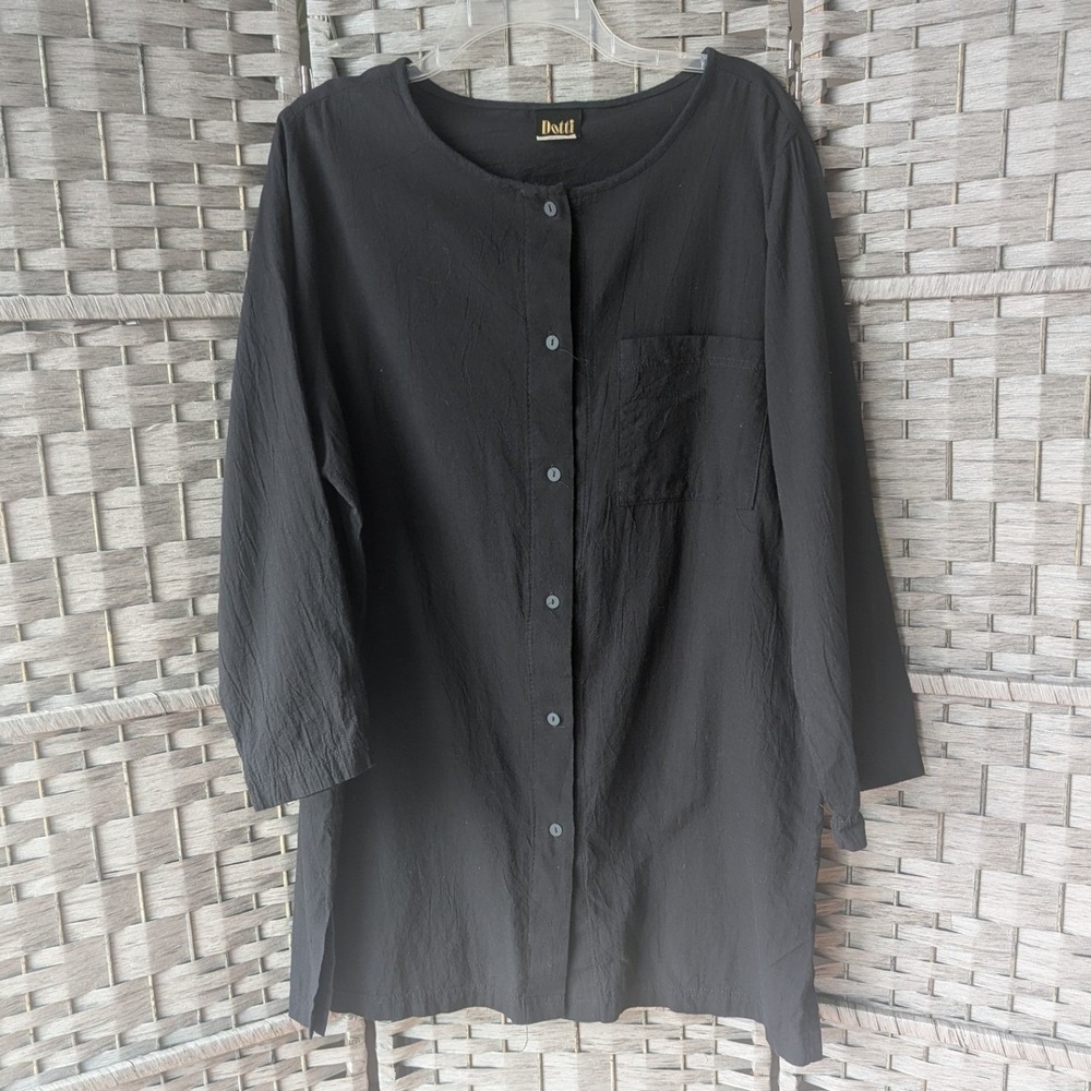Vtg Black Button Up Tunic Top Shirt Womens L Minimalist Lagenlook ‎ Quiet Luxury